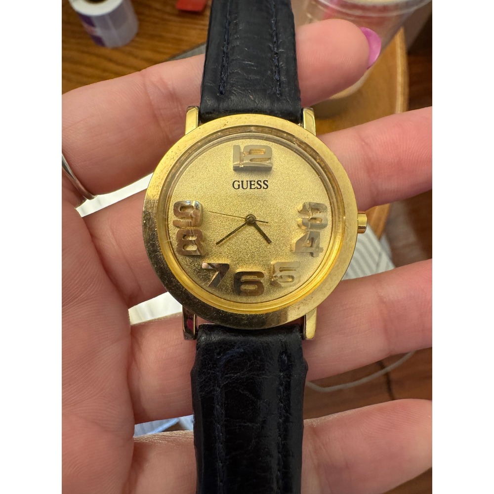 Vintage 1993 GUESS Gold Watch 3D Number Dial Black Leather 90s Retro